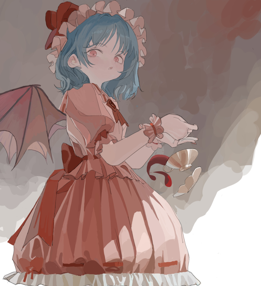 1girl, ascot, bat_wings, blue_hair, brooch, commentary, cup, dropped_object, dropping, hat, hat_ribbon, highres, jewelry, looking_at_viewer, mob_cap, open_mouth, pink_hat, pink_shirt, pink_skirt, plate, puffy_short_sleeves, puffy_sleeves, red_ascot, red_eyes, red_nails, red_ribbon, reisende1969, remilia_scarlet, ribbon, shirt, short_hair, short_sleeves, skirt, solo, spilling, teacup, touhou, wings, wrist_cuffs