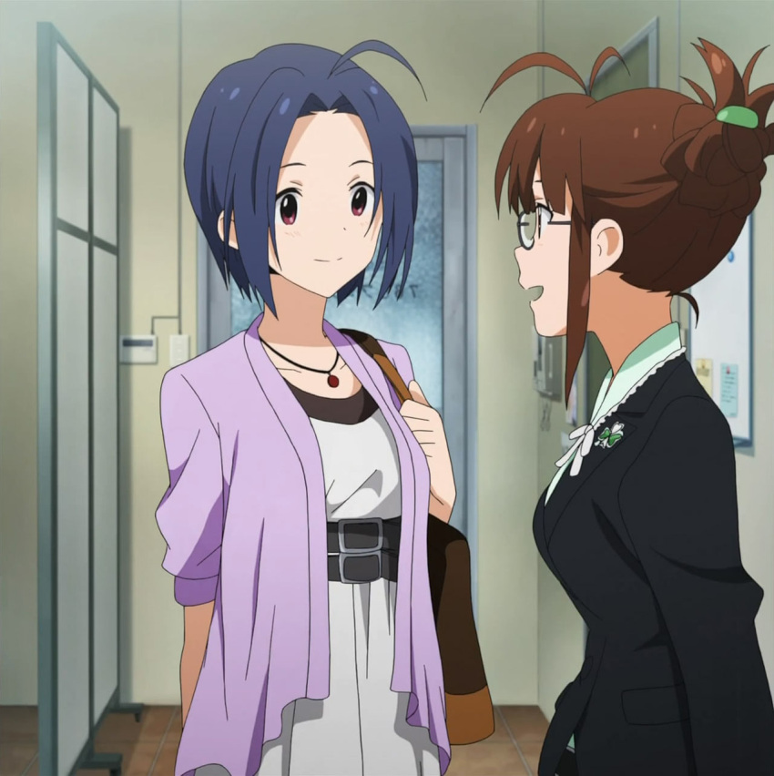 akizuki_ritsuko, haircut, highres, idolmaster, miura_azusa, multiple_girls, screencap, short_hair