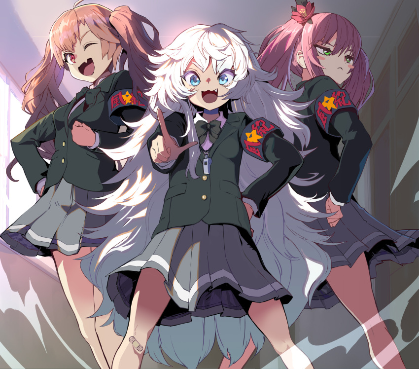 +_+, 3girls, a.c.p.u._(nikke), armband, bandaid, bandaid_on_knee, bandaid_on_leg, black_armband