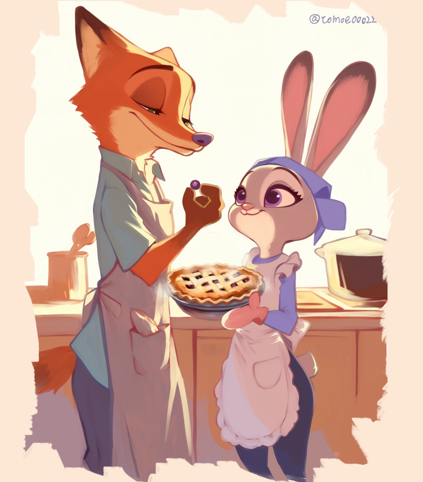 1boy, 1girl, animal_ears, animal_nose, apron, baking, blue_pants, blue_shirt