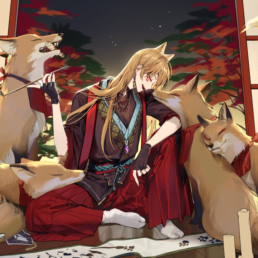 animal_ear_fluff, animal_ears, bead_necklace, beads, black_gloves, black_haori, blue_rope, brown_hair
