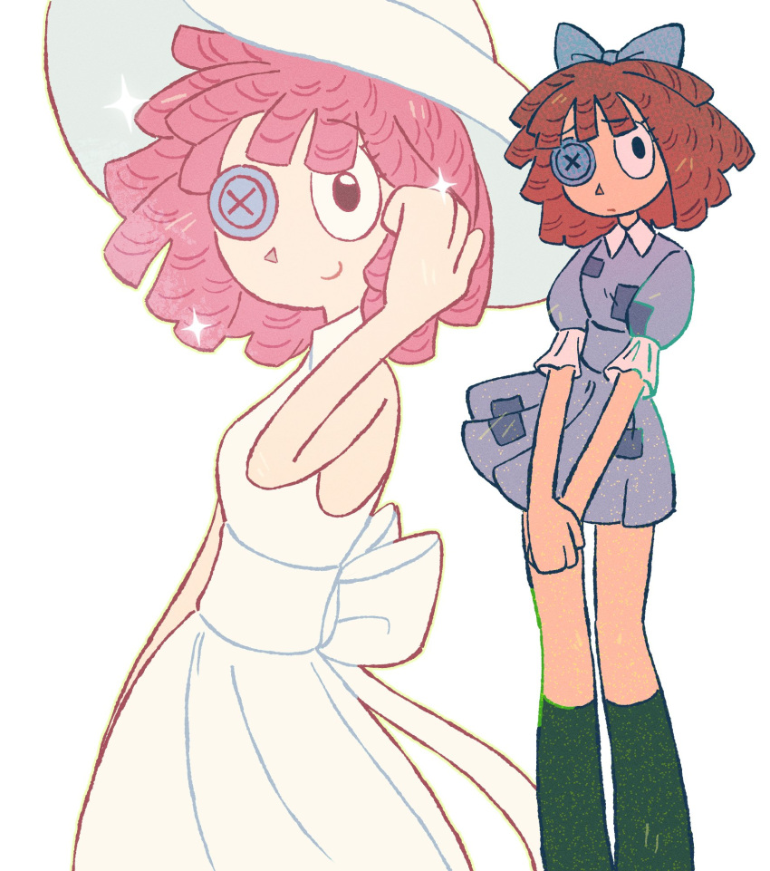 1girl, black_eyes, blue_dress, button_eyes, buttons, commentary, dress, hat