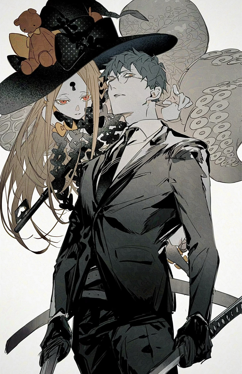 1boy, 1girl, abigail_williams_(fate), abigail_williams_(first_ascension)_(fate), adversarial_noise, black_bow, black_necktie, black_pants