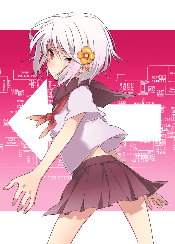 accelerator_(female), albino, flower, genderswap, hair_flower, hair_ornament, issa_(sorako45), red_eyes, school_uniform, seifuku, serafuku, short_hair, skirt, suzushina, suzushina_yuriko, to_aru_kagaku_no_railgun, to_aru_majutsu_no_index, white_hair, yuriko