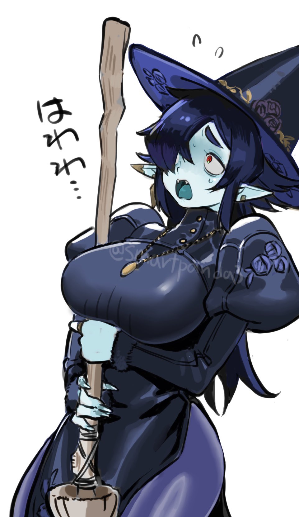 1girl, black_hair, blue_tongue, breasts, broom, colored_skin, colored_tongue, commentary_request