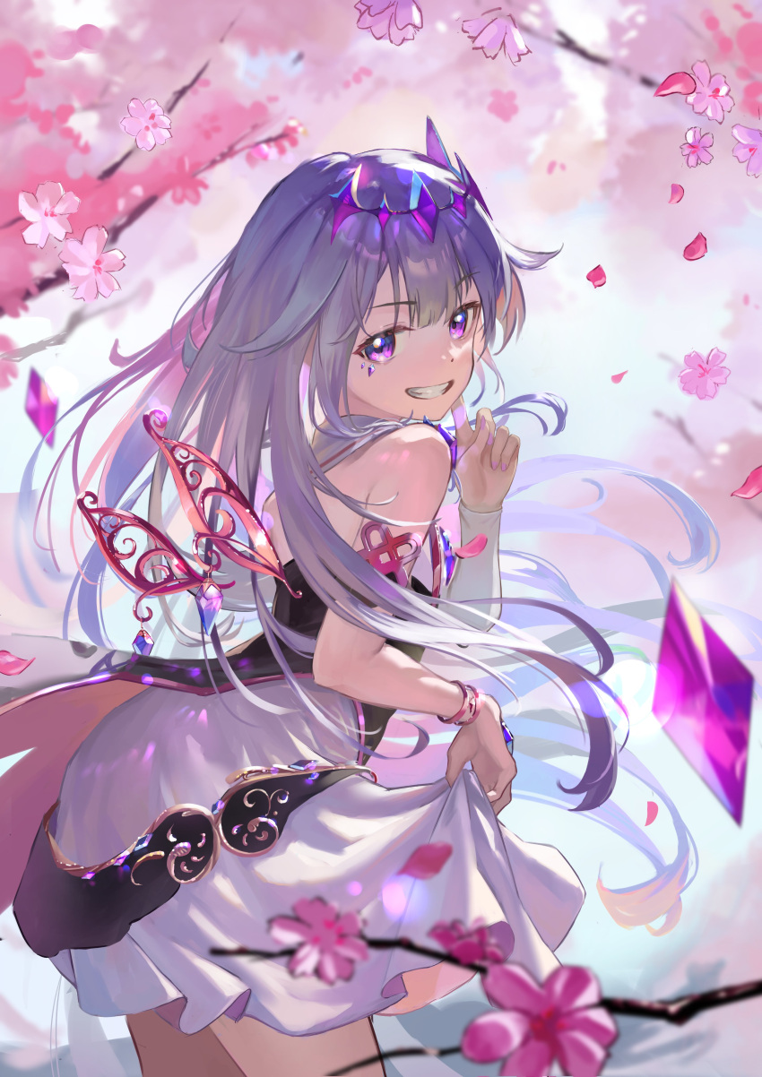 1girl, absurdres, bluehead_white_dragon, cherry_blossoms, chest_jewel, circlet, colored_inner_hair, dress
