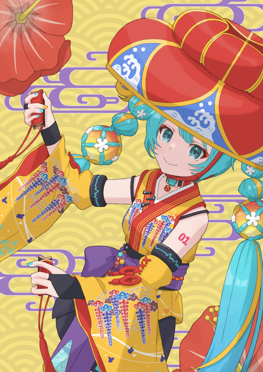 absurdres, aqua_eyes, aqua_hair, arm_tattoo, arms_up, bingata, black_gloves, bow