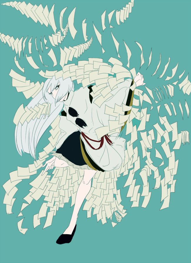 1girl, black_skirt, blue_background, commentary_request, covered_mouth, detached_sleeves, floating_paper, foot_up_heel_up