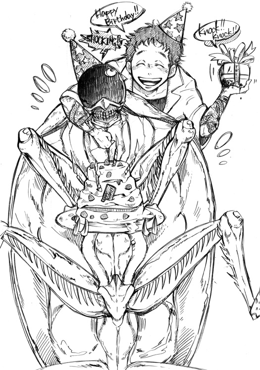 cake, candle, claws, closed_eyes, cockroach, dorohedoro, english, food