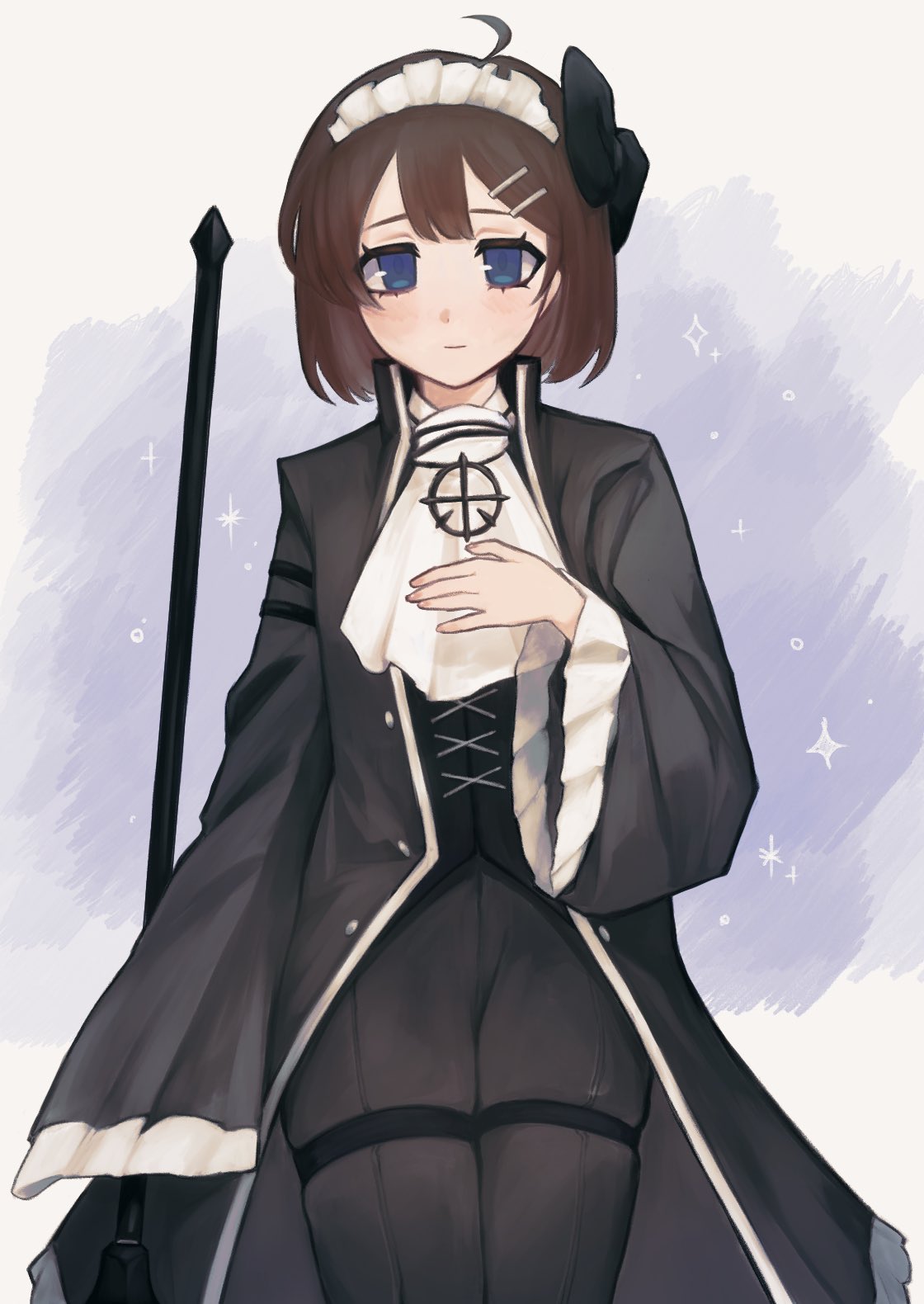 1girl, ahoge, ascot, black_coat, black_pants, blue_eyes, blush, bow
