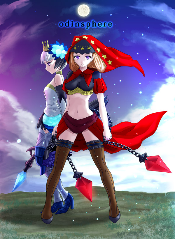 armor, armored_dress, breasts, gwendolyn, long_hair, midriff, multiple_girls, odin_sphere