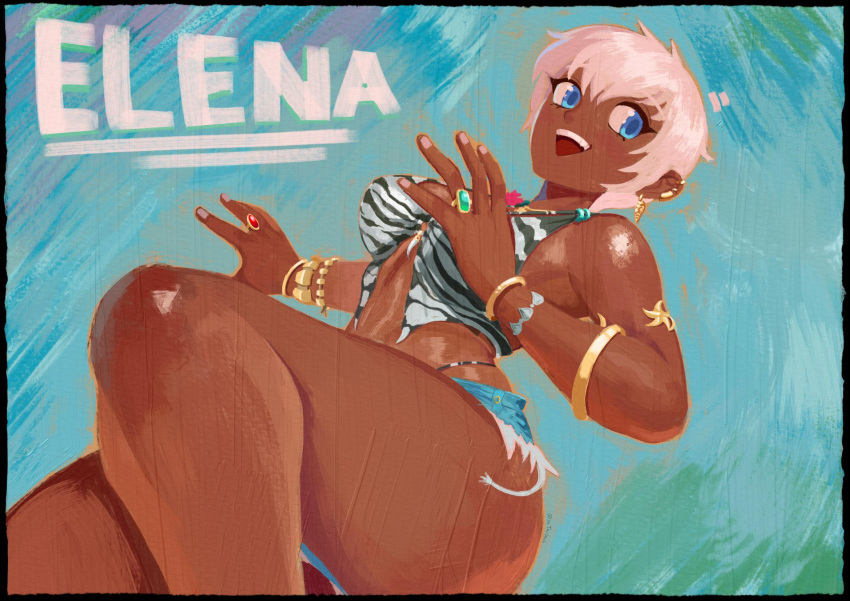 1girl, animal_print, armlet, blue_eyes, bracelet, breasts, character_name, commentary, cutoffs, dark-skinned_female, dark_skin, denim, denim_shorts, earclip, earrings, elena_(street_fighter), english_commentary, feet_out_of_frame, fingernails, halterneck, highres, jewelry, medium_breasts, official_alternate_costume, panty_straps, rhydwyn, ring, short_hair, shorts, solo, street_fighter, street_fighter_6, teeth, thick_thighs, thighs, upper_teeth_only, very_dark_skin, white_hair, zebra_print