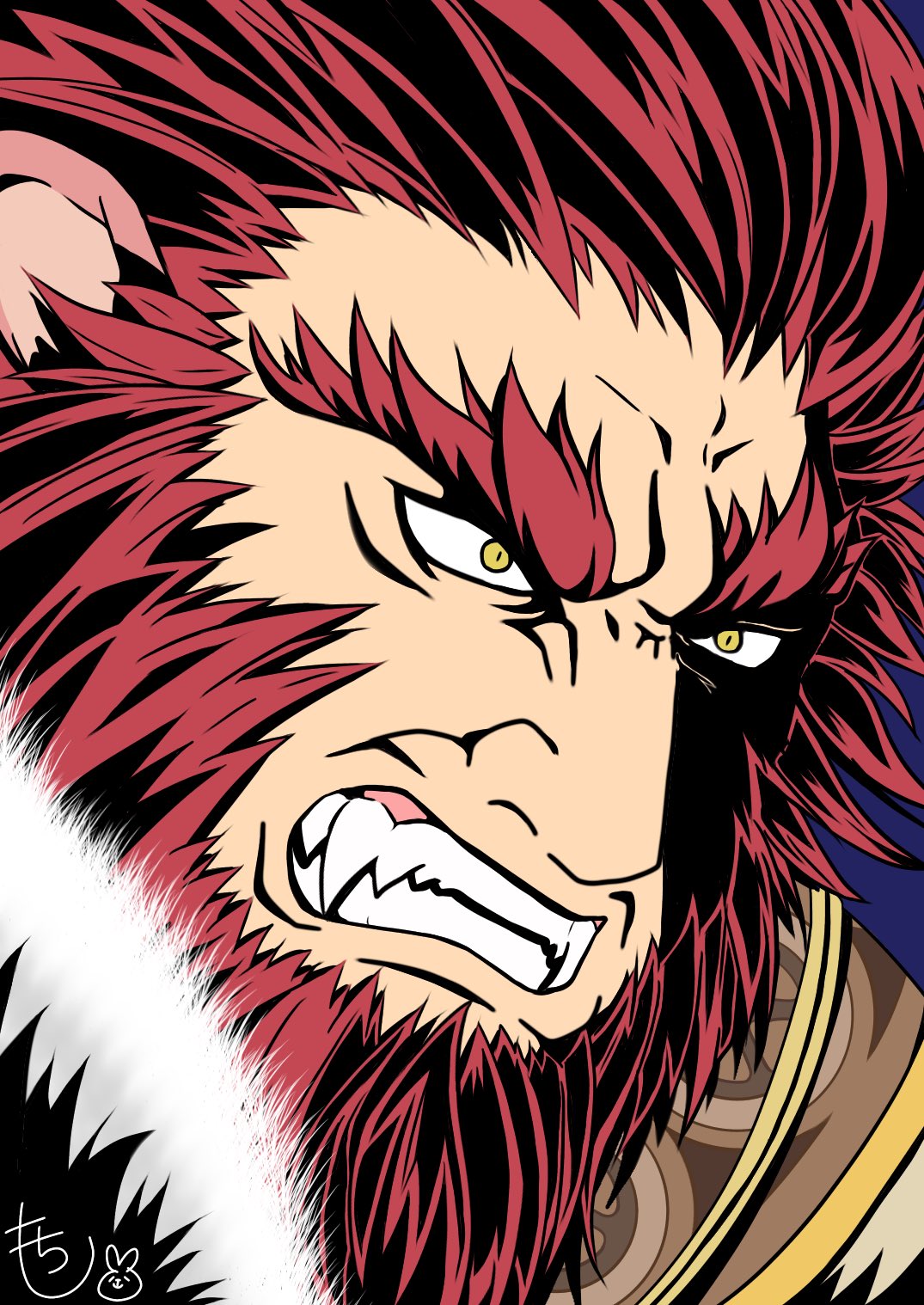 1boy, animal_ears, beard, caineghis_(fire_emblem), clenched_teeth, commentary_request, facial_hair, fire_emblem, fire_emblem:_path_of_radiance, highres, male_focus, mochinyanta, red_hair, solo, teeth, thick_eyebrows, yellow_eyes