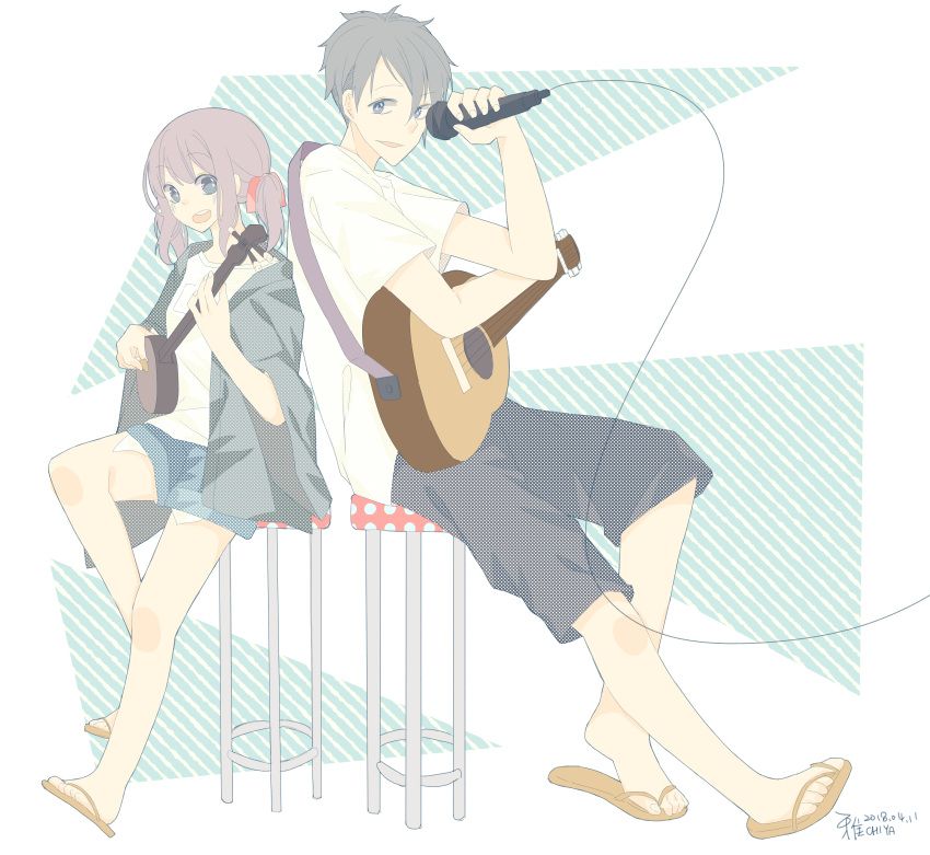 1boy, 1girl, absurdres, acoustic_guitar, back-to-back, black_hair, black_shorts, blue_eyes