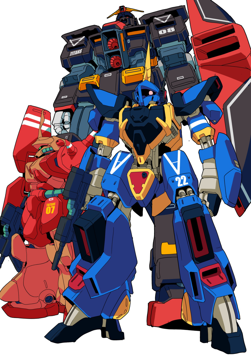 absurdres, barzam, beam_rifle, cyclops, energy_gun, everyone, goru_(glty07), gundam, highres, holding, holding_weapon, looking_to_the_side, marasai, mecha, mecha_focus, mobile_suit, no_humans, one-eyed, psycho_gundam, robot, science_fiction, simple_background, standing, weapon
