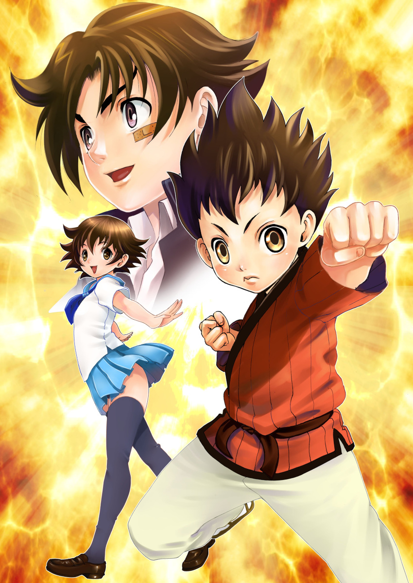 1girl, 2boys, absurdres, blush, brown_eyes, brown_hair, clenched_hands, closed_mouth
