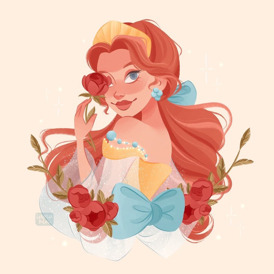 1girl, anastasia_(1997), anya_(anastasia), artist_name, blue_bow, blue_eyes, bow, closed_mouth, commentary, commission, crown, dress, earrings, english_commentary, eyelashes, flower, hair_bow, jewelry, laaraklein, red_flower, red_hair, red_rose, rose, see-through_clothes, see-through_sleeves, sidelocks, simple_background, single_bare_shoulder, smile, solo, sparkle, thick_lips, yellow_dress