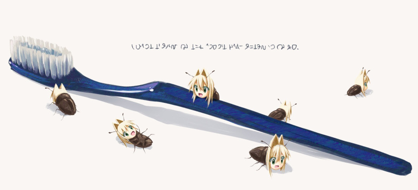 1girl, annika_(salvika), antennae, arthropod_girl, blonde_hair, clone, green_eyes, hair_intakes, highres, mini_person, minigirl, open_mouth, ponymoe, salvika, smile, toothbrush, translation_request, white_background