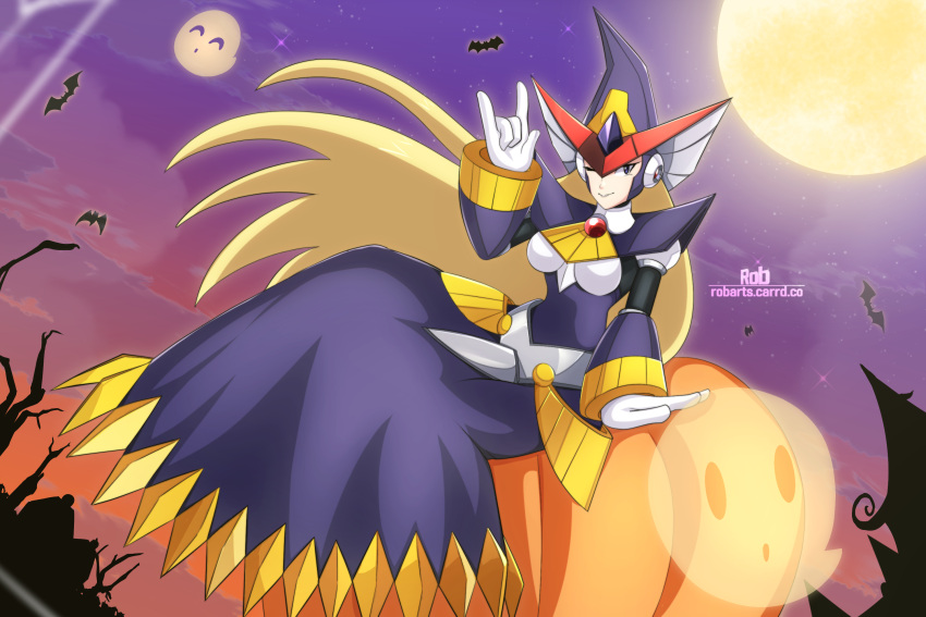 1girl, ;), \m/, android, armor, artist_logo, berkana_(mega_man), blonde_hair, breasts, chest_jewel, dress, forehead_jewel, full_moon, gloves, halloween, hat, helmet, highres, jeweled_hat, joints, large_breasts, logo, long_hair, mega_man_(series), mega_man_x_(series), mega_man_xtreme_2, moon, one_eye_closed, pumpkin, purple_armor, purple_helmet, rob_(robarts), robot_ears, robot_joints, sitting, smile, solo, violet_eyes, white_gloves, witch, witch_hat
