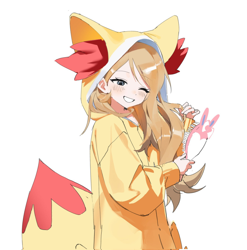 1girl, alternate_costume, blush, brushing_hair, commentary_request, cosplay, eyelashes, fennekin