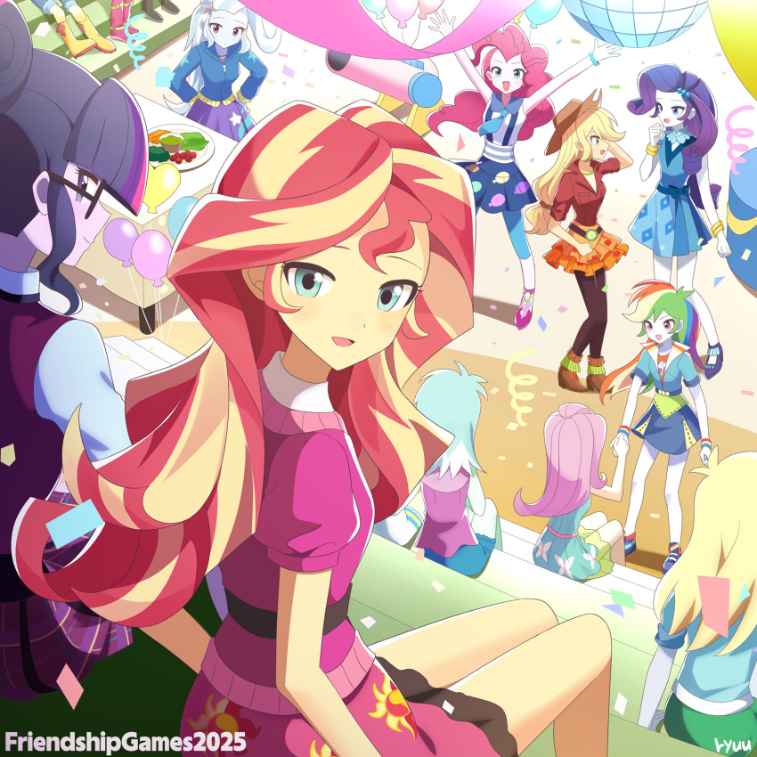 6+girls, :d, animification, anniversary, applejack, applejack_(equestria_girls), aqua_eyes, balloon
