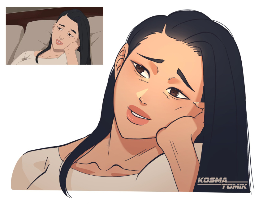 1girl, artist_name, black_hair, brown_eyes, close-up, collarbone, commentary, debbie_grayson