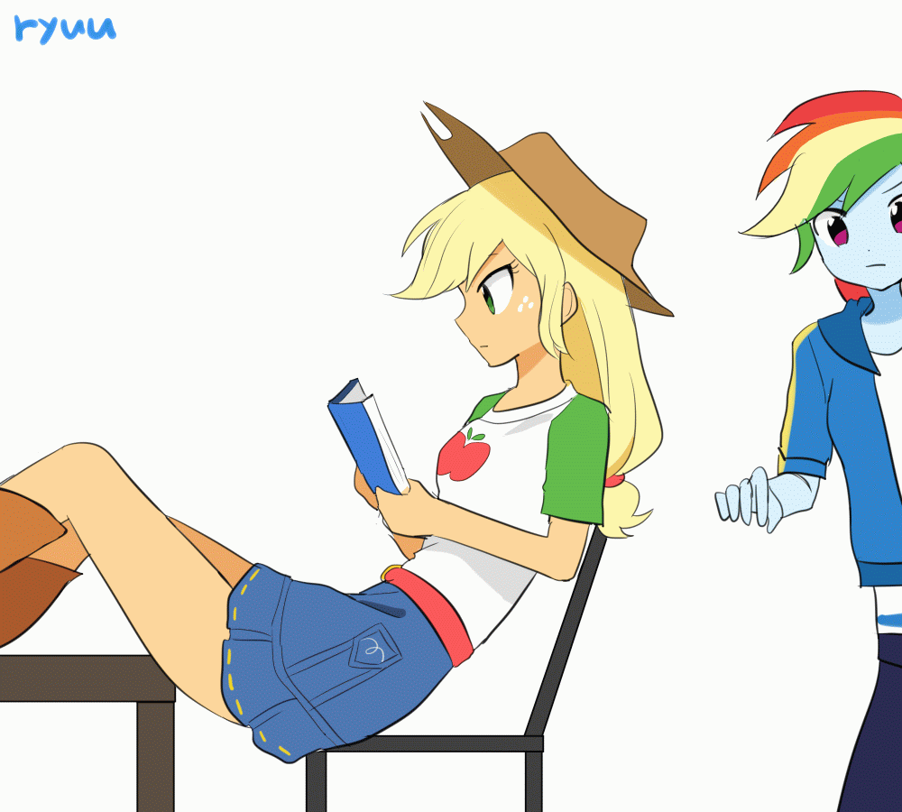 2girls, animated, animated_gif, animification, antenna_hair, apple_print, applejack, applejack_(equestria_girls)