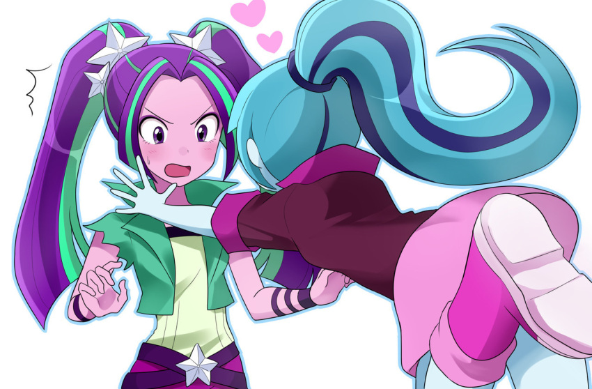 2girls, animification, aqua_hair, aqua_jacket, aria_blaze, aria_blaze_(human), belt, blue_hair