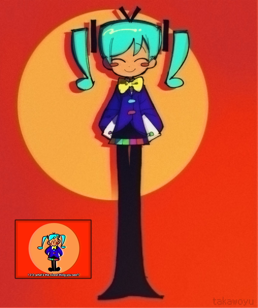 1girl, ^_^, antenna_hair, aqua_hair, arms_behind_back, black_boots, black_skirt, blue_jacket, blush_stickers, boots, border, bow, bowtie, closed_eyes, closed_mouth, collared_shirt, commentary, dark-skinned_female, dark_skin, deformed, derivative_work, dot_nose, drop_shadow, english_commentary, english_text, facing_viewer, film_grain, full-leg_boots, full_body, hair_ornament, hatsune_miku, highres, intentional_jpeg_artifacts, jacket, legs_together, long_sleeves, medium_hair, miniskirt, naturally_detached_hair, orange_background, outside_border, pleated_skirt, puffy_long_sleeves, puffy_sleeves, raised_eyebrow, red_border, round_border, saturated, screenshot_inset, screenshot_redraw, shirt, simple_background, single_eyebrow, skirt, sleeve_cuffs, smile, solo, standing, static_(vocaloid), straight-on, swept_bangs, takawoyu, traditional_bowtie, twintails, vocaloid, white_shirt, yellow_bow, yellow_bowtie