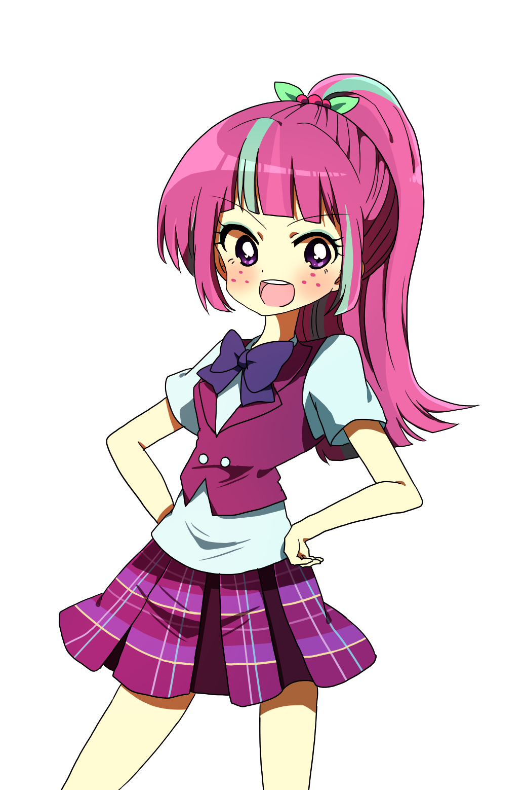 1girl, :d, animification, blunt_bangs, blush, bow, bowtie, bright_pupils, colored_skin, commentary_request, cowboy, crystal_prep_academy_school_uniform, equestria_girls:_friendship_games, eyeshadow, flat_chest, freckles, green_eyeshadow, green_streaks, hair_ornament, hands_on_own_hips, highres, long_hair, looking_at_viewer, lottemkmkd, makeup, multicolored_hair, my_little_pony, my_little_pony:_equestria_girls, my_little_pony:_friendship_is_magic, pink_hair, plaid_clothes, plaid_skirt, pleated_skirt, ponytail, purple_bow, purple_bowtie, purple_skirt, purple_vest, school_uniform, shirt, simple_background, skirt, smile, solo, sour_sweet, standing, streaked_hair, tachi-e, transparent_background, vest, violet_eyes, white_shirt, yellow_skin