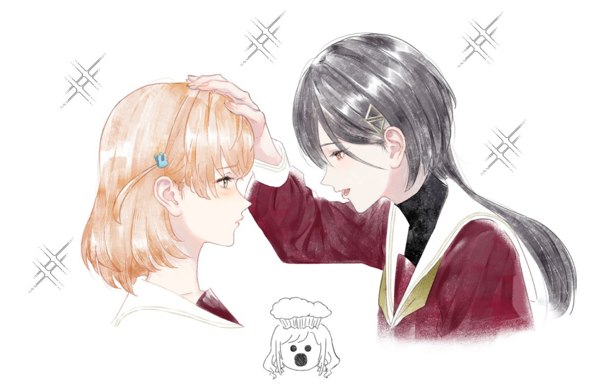 3girls, black_hair, black_shirt, ceras_yanagida_lilienfeld, commentary_request, dress, exploding_head_emoji, hair_ornament