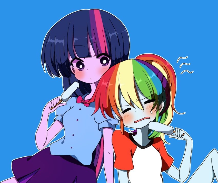 2girls, =_=, alternate_hairstyle, animification, blue_background, blue_hair, blue_shirt, blue_skin
