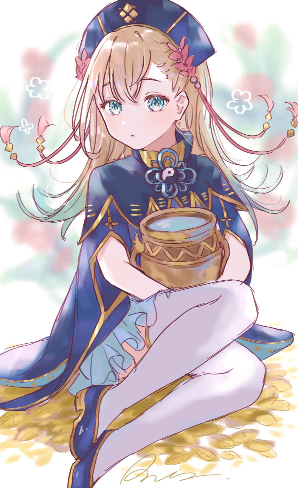 1girl, blonde_hair, blue_eyes, blush, commentary_request, gradient_hair, hair_ornament, hat