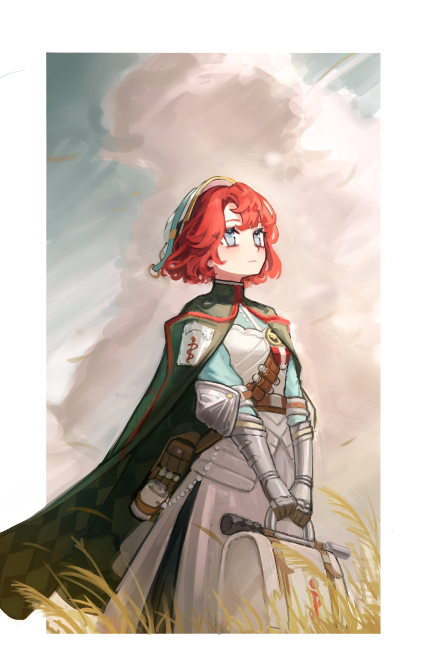 1girl, absurdres, blue_eyes, blue_shirt, blue_sky, border, cape, clouds