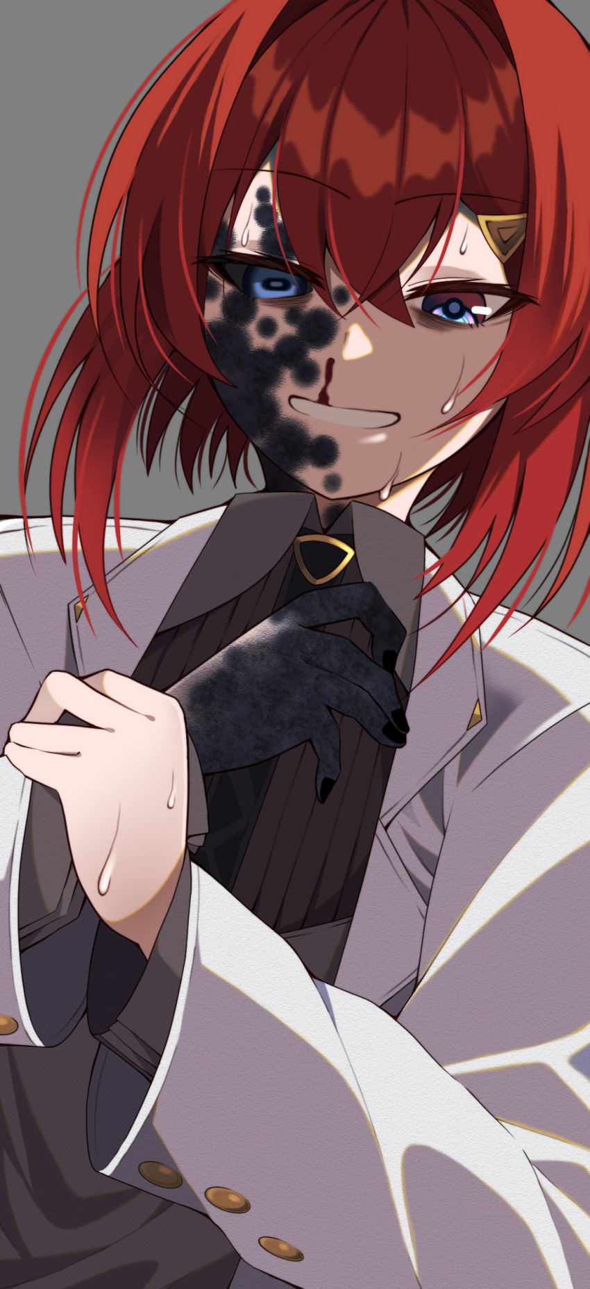 1girl, absurdres, ange_katrina, ange_katrina_(lab_coat), black_nails, black_necktie, black_sclera, black_skin, blood, blue_eyes, coat, collared_shirt, colored_sclera, colored_skin, commentary_request, corruption, crossed_bangs, grey_background, grey_shirt, grin, hair_between_eyes, hair_ornament, hands_up, highres, holding_own_wrist, lab_coat, lapels, long_sleeves, looking_at_viewer, medium_hair, mismatched_eyes, multicolored_skin, necktie, nijisanji, nosebleed, notched_lapels, open_clothes, open_coat, red_hair, shirt, shunga_(shun608), simple_background, smile, solo, sweat, triangle_hair_ornament, two-tone_skin, upper_body, virtual_youtuber, white_coat