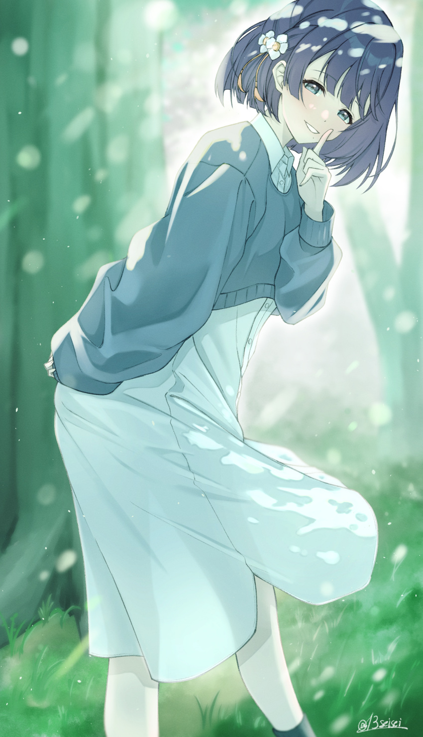 13seisei, 1girl, absurdres, blunt_bangs, commentary_request, cropped_sweater, dress, gakuen_idolmaster, grass, grey_sweater, hataya_misuzu, highres, idolmaster, index_finger_raised, looking_at_viewer, official_alternate_costume, outdoors, see-through_silhouette, short_hair, solo, sweater, taisetsu_na_mono_(idolmaster), tree, twitter_username, white_dress