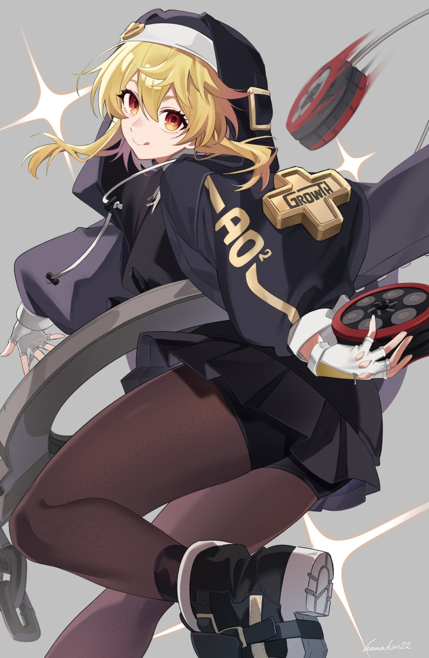 1girl, alternate_color, bike_shorts, bike_shorts_under_skirt, black_boots, black_hoodie, black_shoes, black_shorts, black_skirt, blonde_hair, boots, bridget_(guilty_gear), brown_pantyhose, clothes_writing, commentary_request, fine_fabric_emphasis, from_behind, gloves, guilty_gear, guilty_gear_strive, hair_between_eyes, hanakiri22, highres, holding, holding_weapon, hood, hoodie, leg_up, looking_at_viewer, looking_back, miniskirt, nun_headdress, panties, panties_under_pantyhose, pantyhose, partially_fingerless_gloves, shoes, shorts, skirt, smile, solo, star_(symbol), star_symbol_background, tongue, tongue_out, underwear, upskirt, weapon, white_gloves, yo-yo