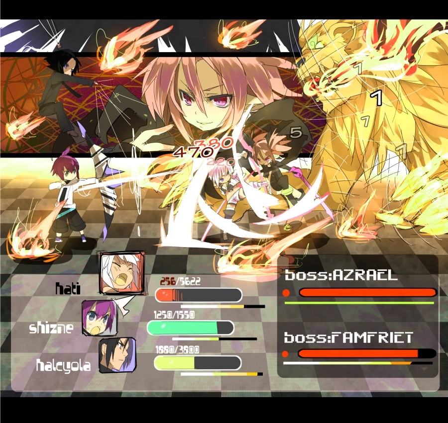 azrael_(shirow), battle, black_hair, bow_(weapon), checkered, checkered_floor, chibi, cut-in