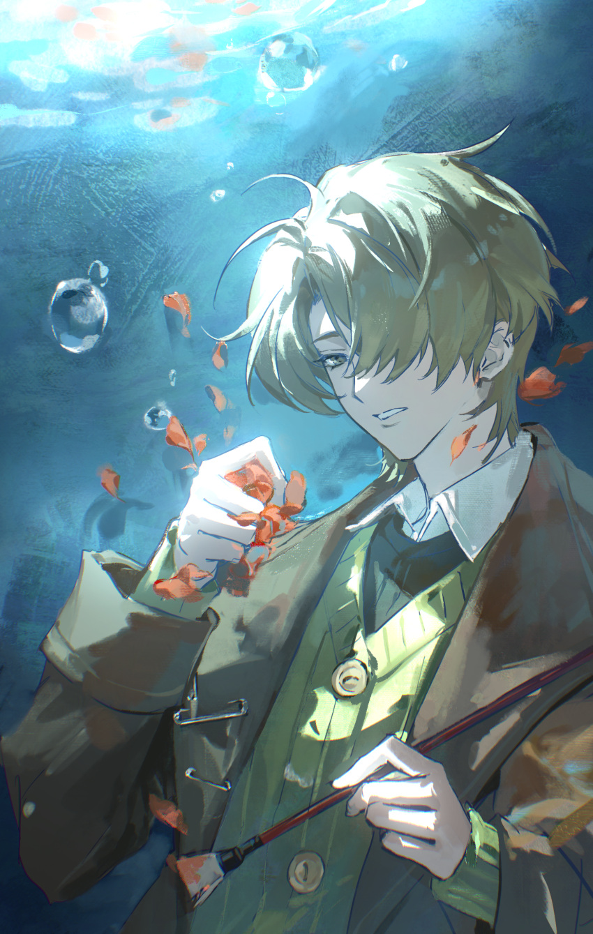 1boy, absurdres, air_bubble, blonde_hair, blue_background, brown_coat, brown_eyes, bubble, chinese_commentary, coat, commentary_request, flower, green_sweater, hair_over_one_eye, hands_up, highres, holding, holding_flower, holding_paintbrush, male_focus, muriel_(reverse:1999), one_eye_covered, paintbrush, parted_lips, red_flower, reverse:1999, shirt, short_hair, solo, sweater, syannn, underwater, upper_body, white_shirt