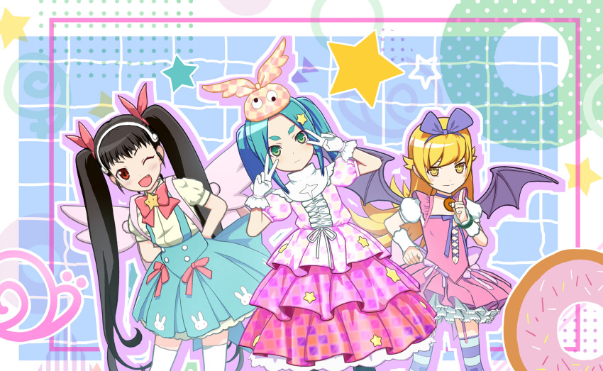 3d, 3girls, angel_wings, animal_print, aqua_bow, aqua_hair, aqua_pantyhose, aqua_skirt