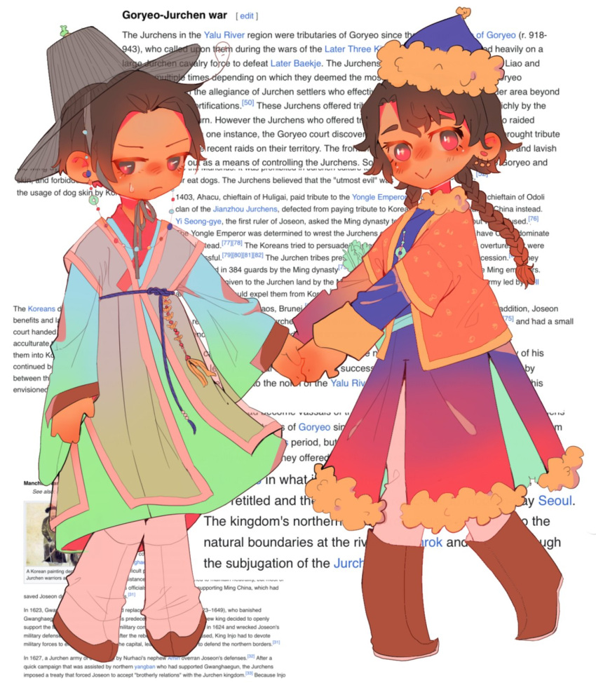 1boy, 1girl, :>, annoyed, beoseon, black_hair, blush, boots
