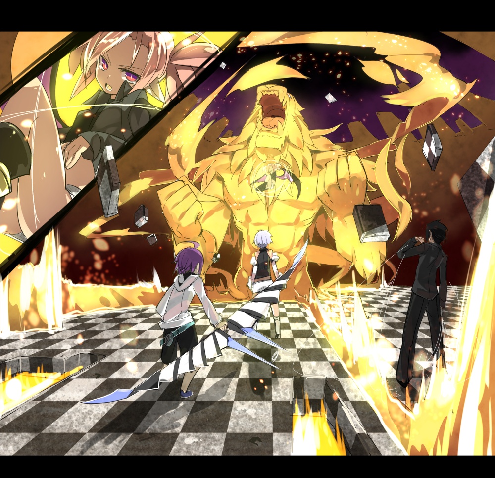 azrael_(shirow), battle, black_hair, bolero, bow_(weapon), checkered, checkered_floor, cropped_jacket