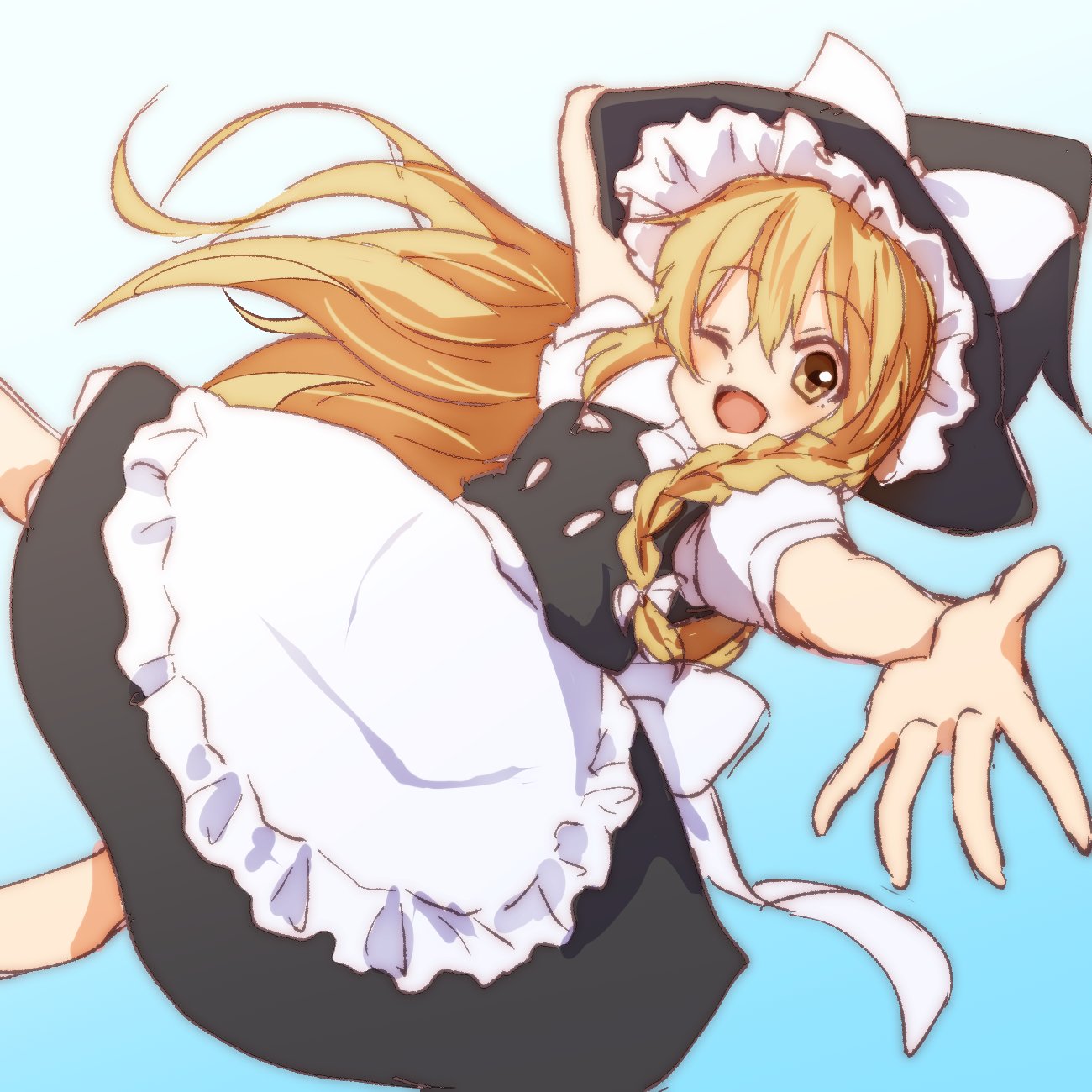 1girl, :d, apron, black_hat, black_skirt, black_vest, blonde_hair, blue_background