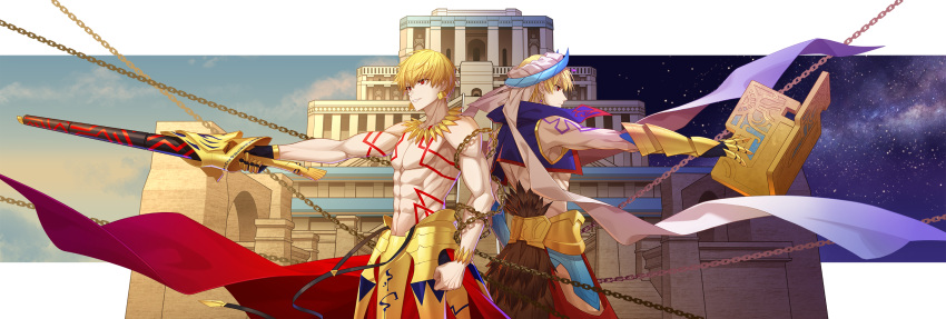 2boys, arabian_clothes, armor, babylonia_(fate/grand_order), blonde_hair, blue_vest, cropped_vest, cross_akiha