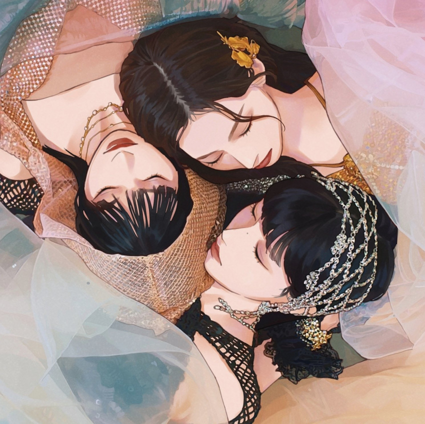 3girls, black_dress, black_hair, bracelet, brown_hair, brown_hoodie, commentary, do_not_touch_(misamo)