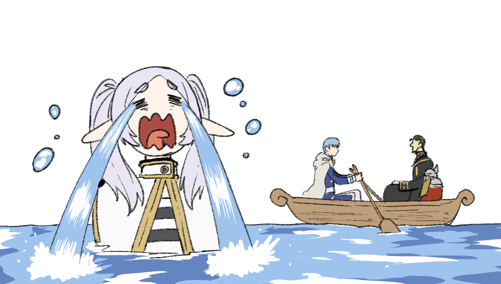1girl, 3boys, armor, beard, blue_hair, boat, capelet, closed_eyes, crying, eisen_(sousou_no_frieren), elf, faceless, faceless_male, facial_hair, fake_horns, frieren, frieren's_three-day_tantrum, grey_cloak, grey_hair, heiter, helmet, himmel_(sousou_no_frieren), horned_helmet, horns, long_hair, long_sleeves, multiple_boys, open_mouth, partially_submerged, pointy_ears, rowboat, shirt, short_hair, shoulder_armor, simple_background, sousou_no_frieren, streaming_tears, striped_clothes, striped_shirt, tears, thick_eyebrows, tongue, twintails, wanderjegson, water, watercraft, wavy_mouth, white_background, white_capelet