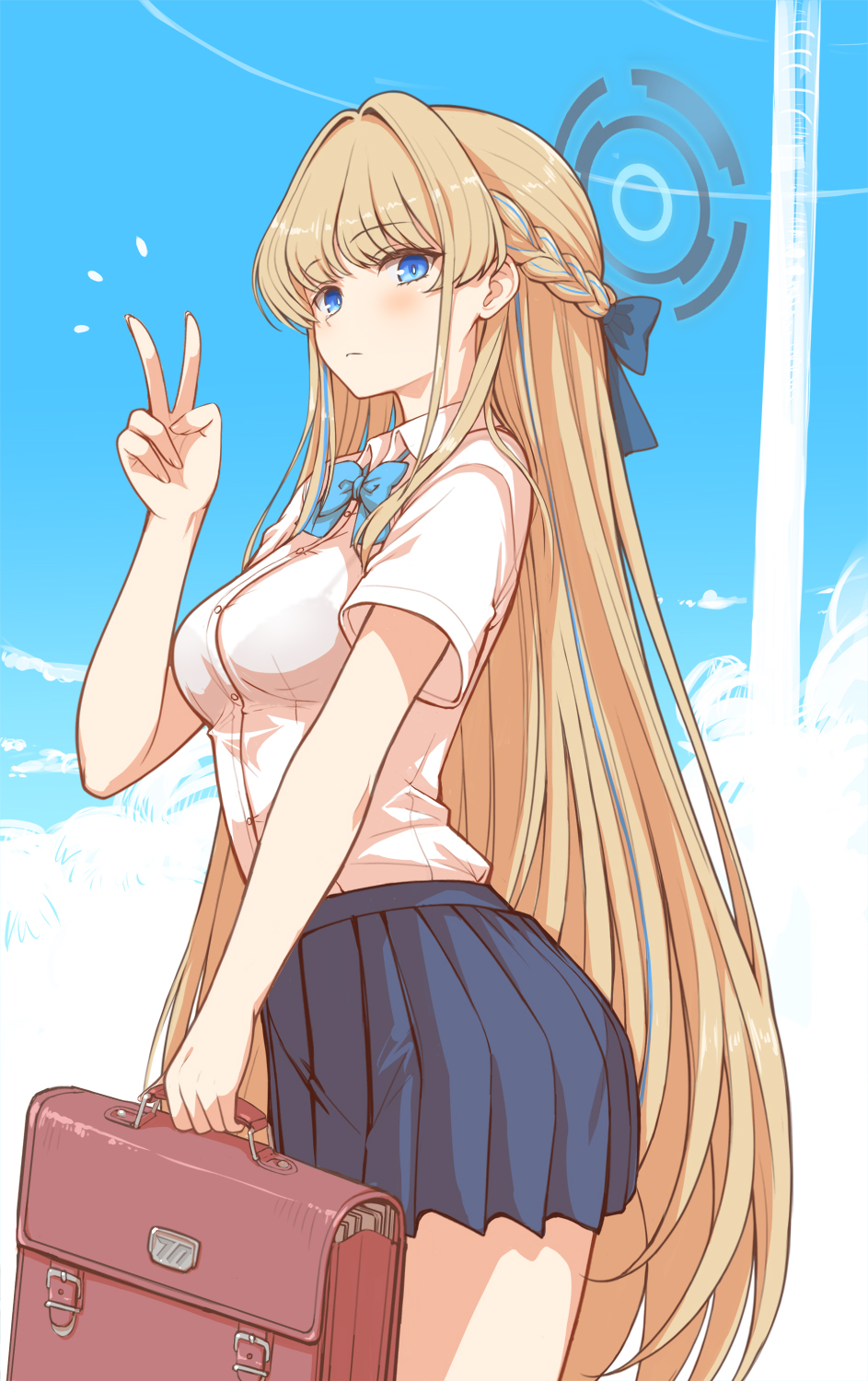 1girl, blonde_hair, blue_archive, blue_bow, blue_bowtie, blue_eyes, blue_halo, blue_ribbon