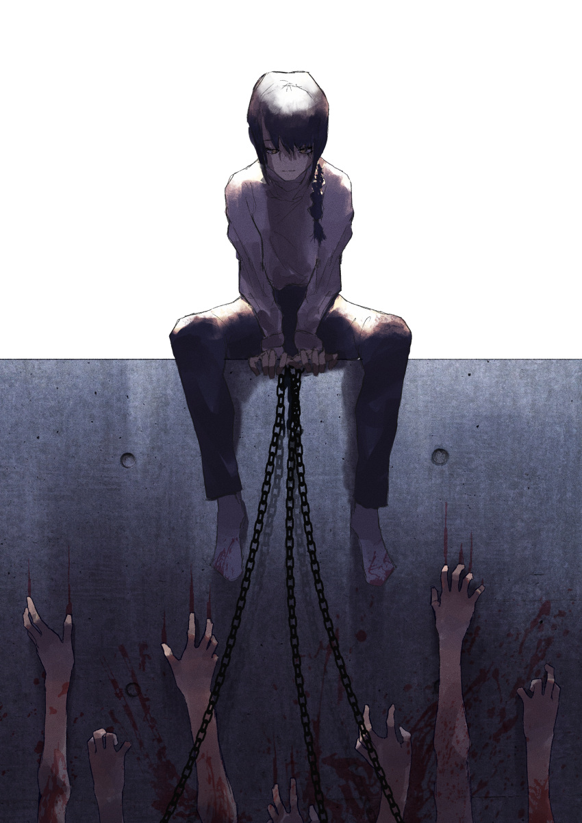 1girl, absurdres, black_hair, black_pants, blood, blood_on_wall, braid, chain