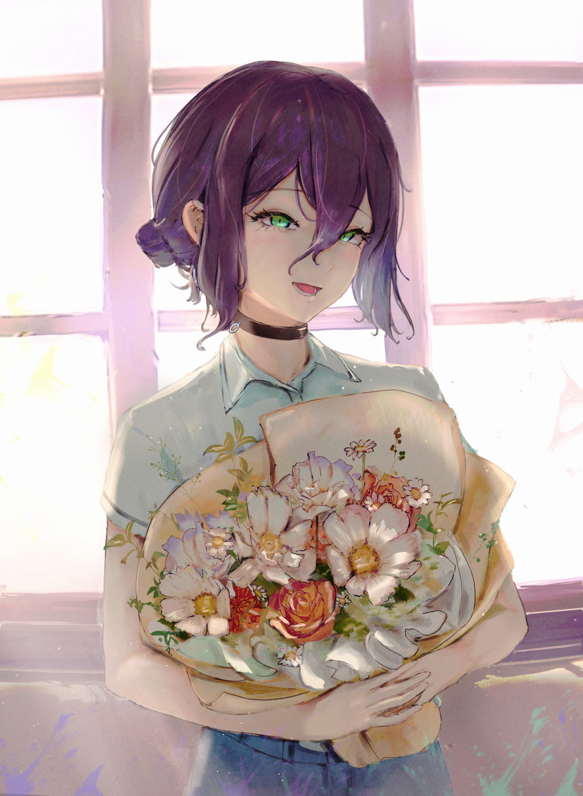 1girl, absurdres, bouquet, chainsaw_man, commentary_request, flower, green_eyes, hair_between_eyes