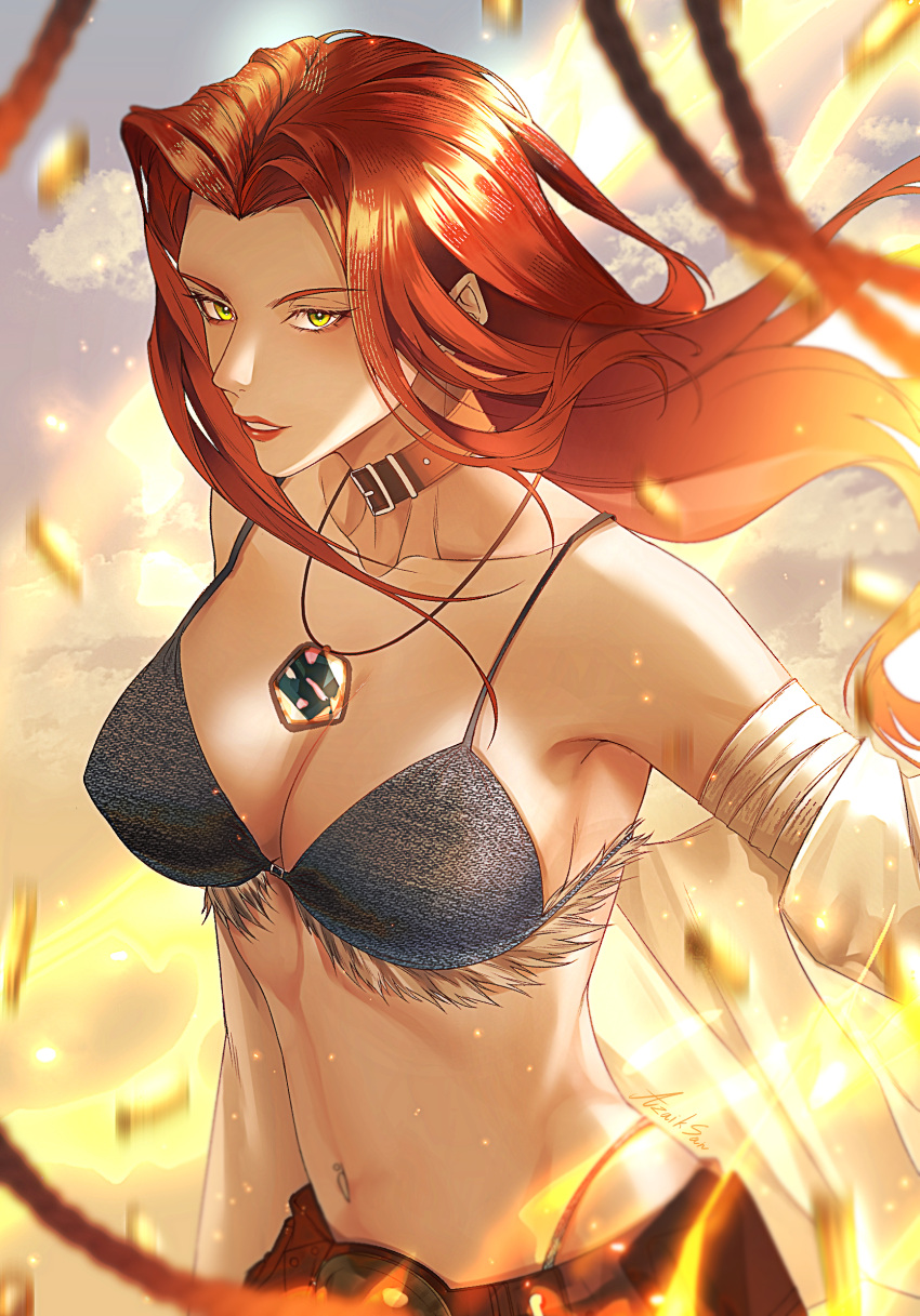 1girl, artist_name, azaikisan, bandaged_arm, bandages, bare_shoulders, belt, belt_buckle, brown_belt, brown_collar, buckle, collar, collarbone, denim, denim_bikini, frayed_clothes, green_eyes, highres, jewelry, korryn_(path_to_nowhere), linea_alba, navel_piercing, necklace, parted_lips, path_to_nowhere, piercing, red_hair, red_lips, shirt, white_shirt